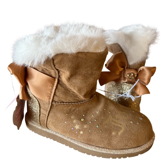 Juicy Couture NWT Size 13 Cozy Tan Girls Brown Faux Suede Boots with Bow (SH028) - Picture 2 of 10